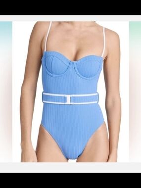 SOLID & STRIPED Light Blue Ribbed One-Piece with White Trim